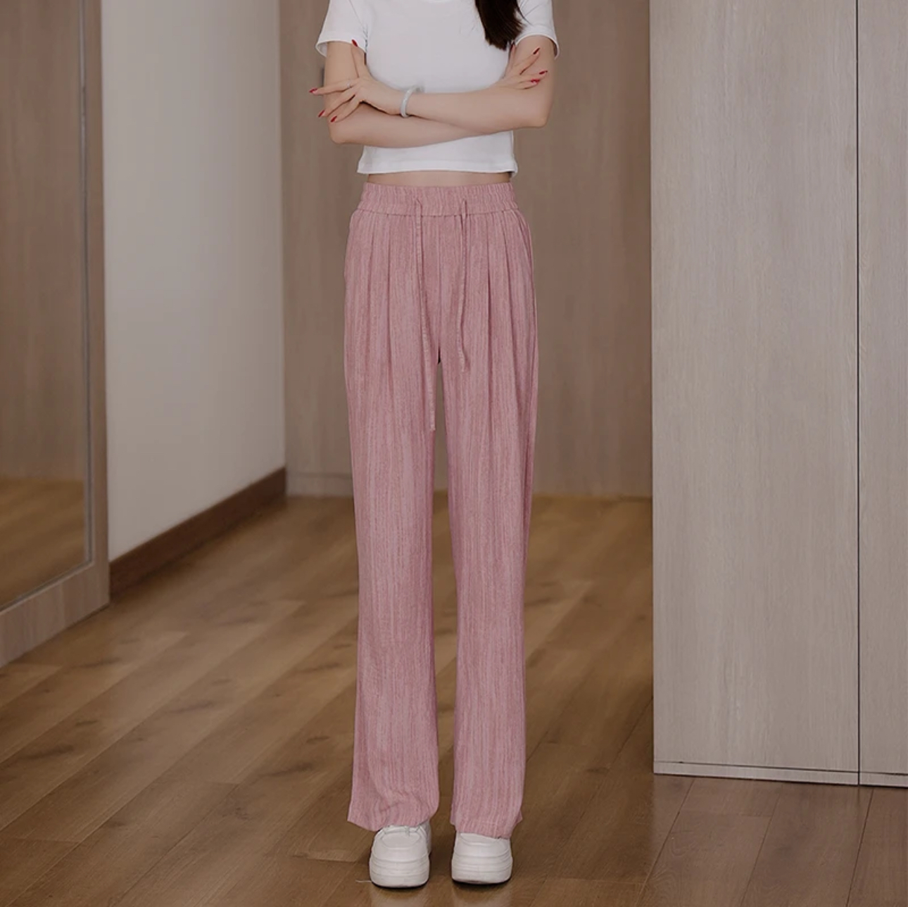 夏季冰丝za染阔腿女裤抽绳包边休闲居家裤