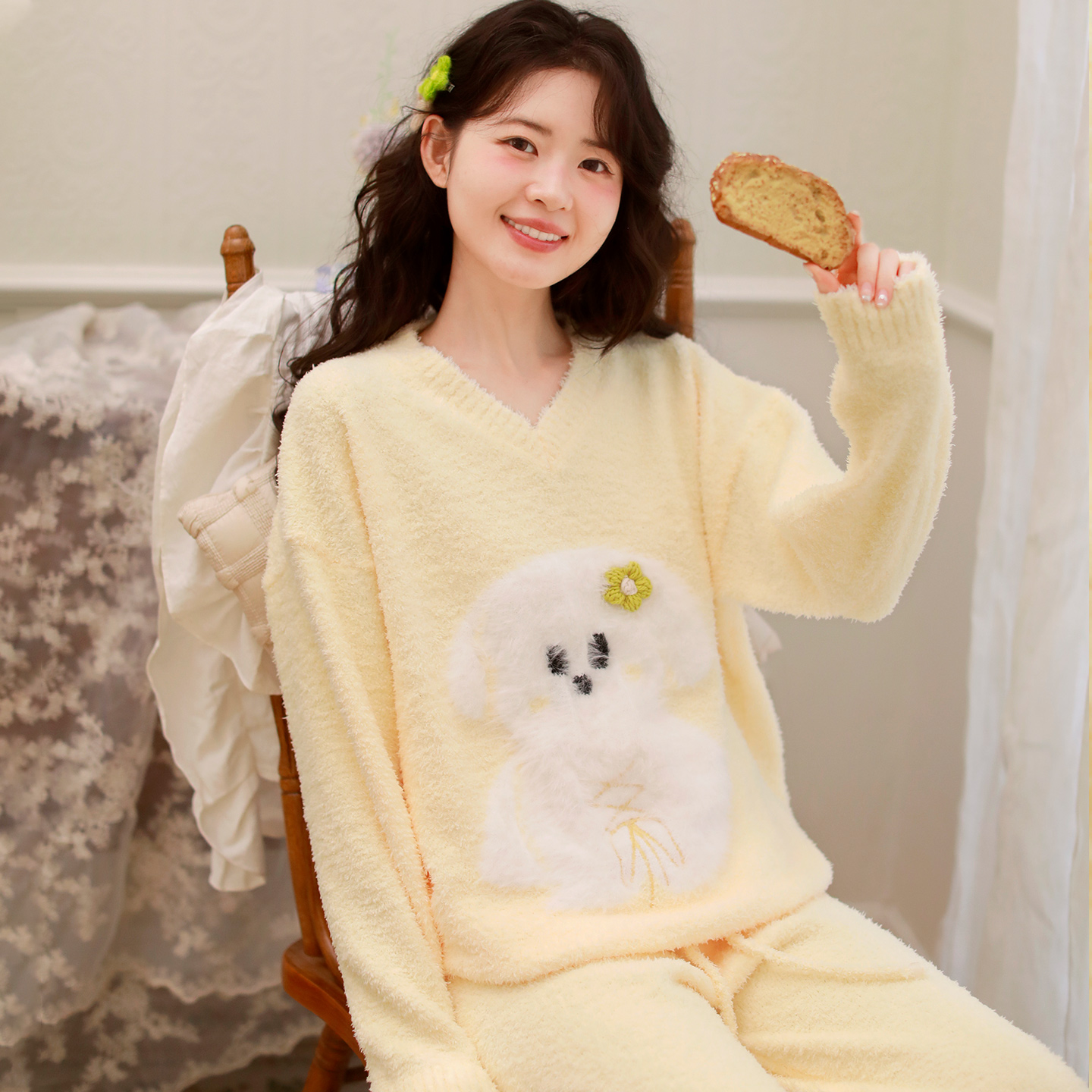 『眠岛』冬季半边绒睡衣女加厚加绒保暖甜美可爱可外穿家居服套装