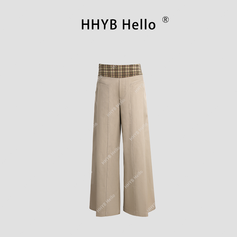 HHYB Hello2025春夏新款卡其色拼格子腰头宽松休闲裤Q254040