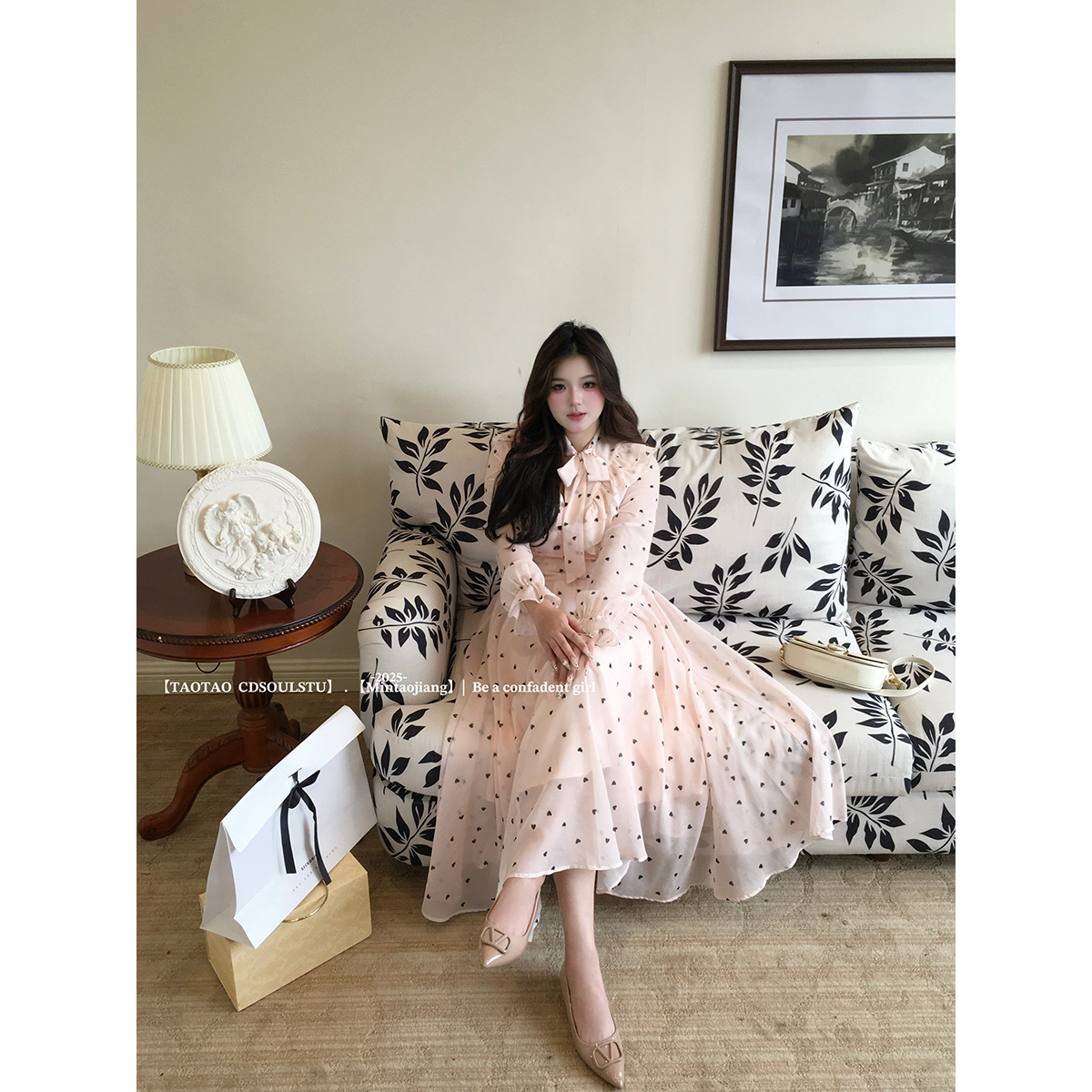 SWEET【初桃沐风】微胖韩系温柔爱心波点蝴蝶结绑带显瘦连衣长裙秋