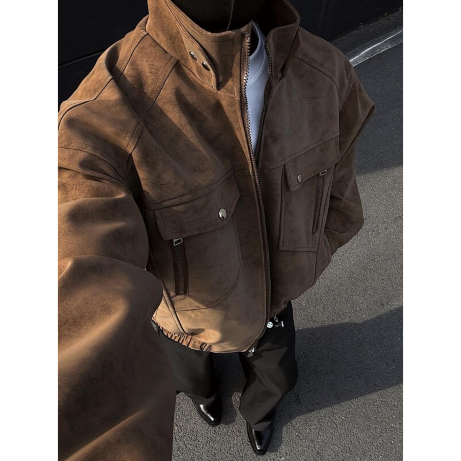 美式复古麂皮绒立领工装外套男款春秋pu皮夹克cleanfit棕咖色皮衣