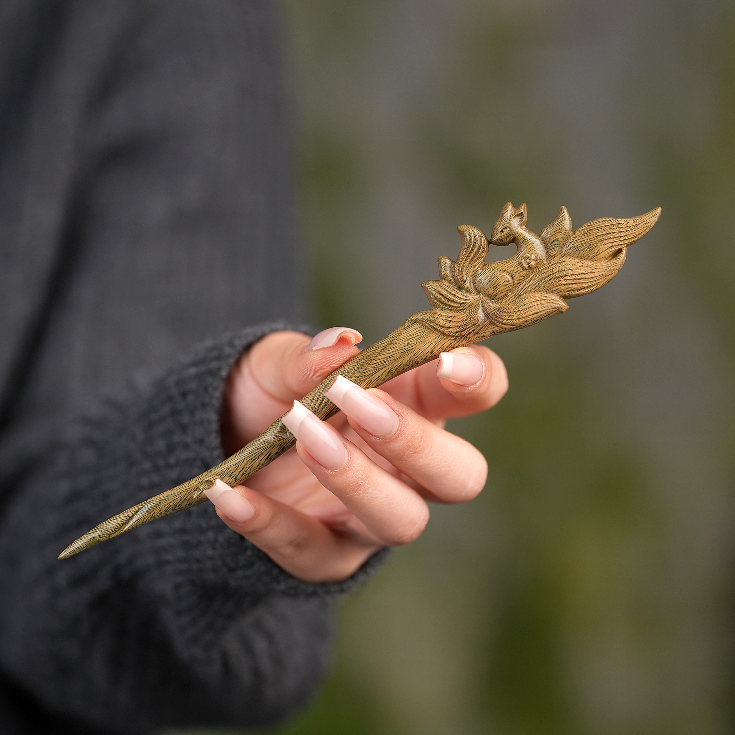 【阿狸】原创古风绿檀木发簪新款狐狸发簪中式紫光檀木九尾狐发饰女
