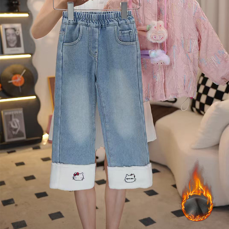 冬季新款儿童时尚百搭牛仔裤女宝宝卡通kt加绒加厚长裤HCD317