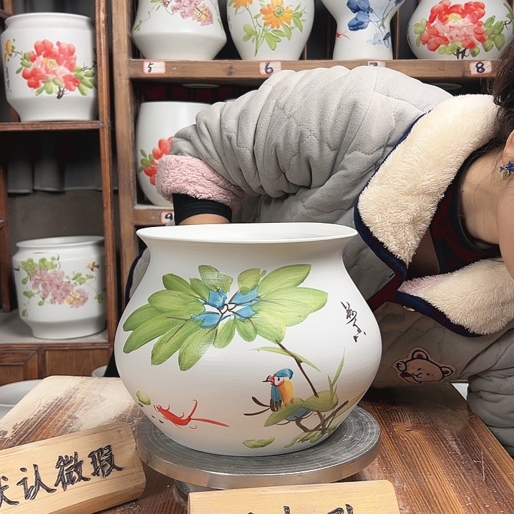 摆件钱袋子荷花鸟新款陶瓷陶瓷