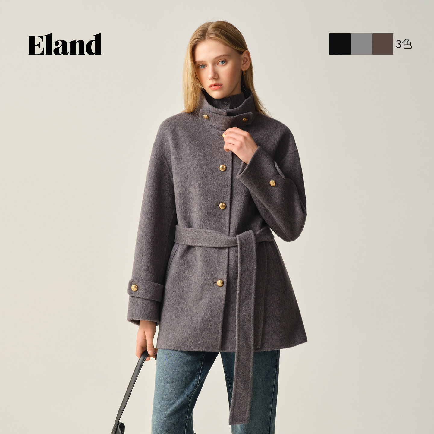 Eland衣恋毛呢外套女立领宽松大衣EEJWF8VT72