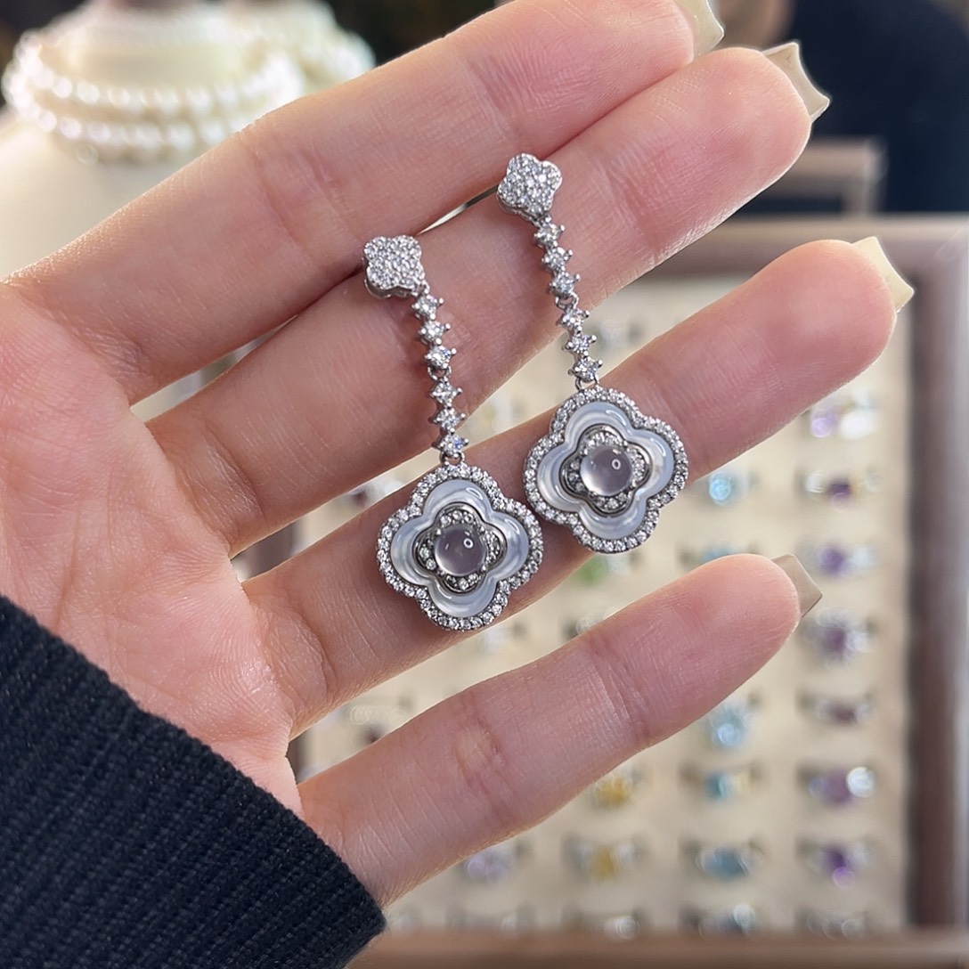 蛇纹石玉银S925镶嵌耳钉