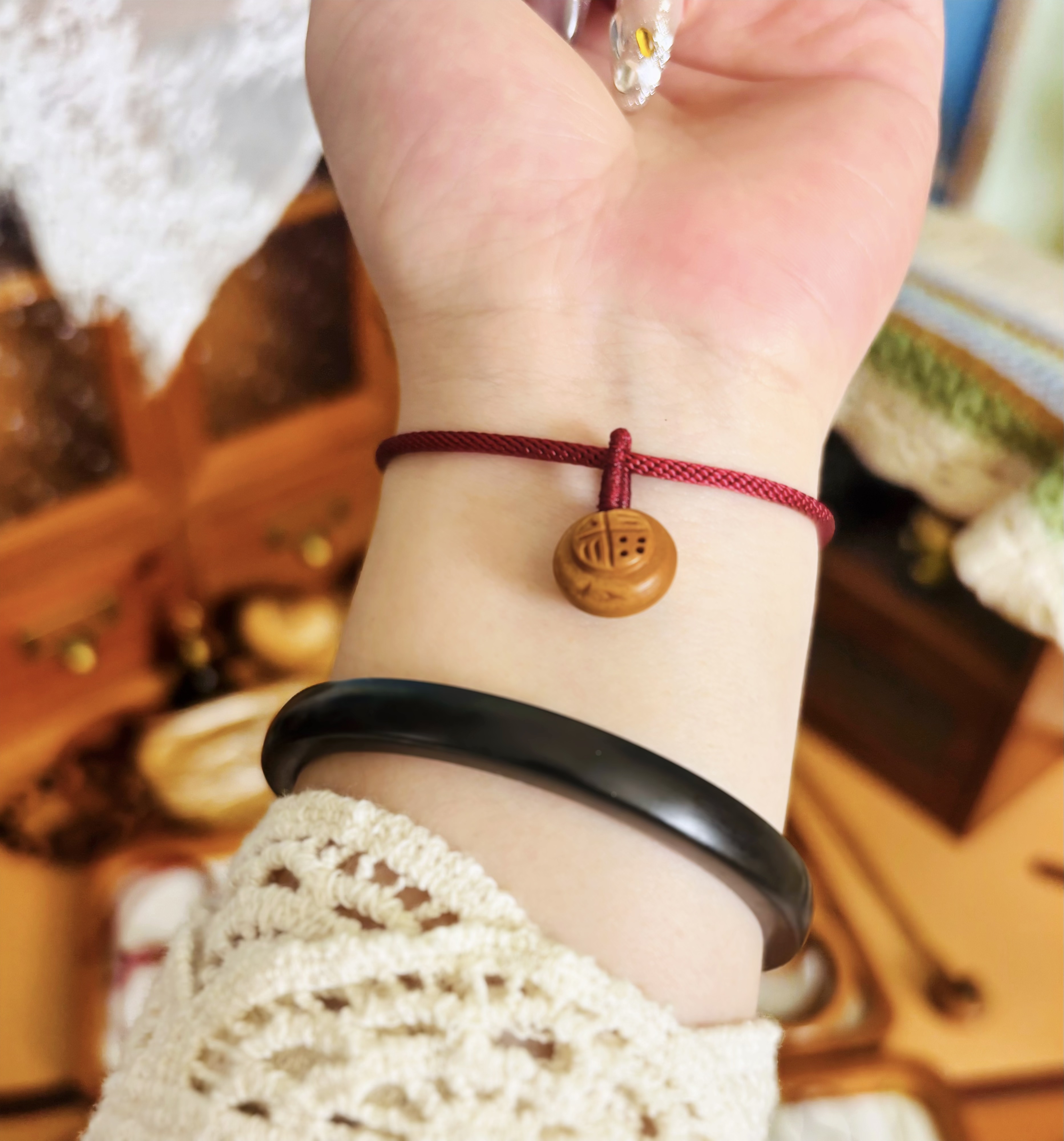 【胖福】手工雕刻桃核 小胖福  红绳手链