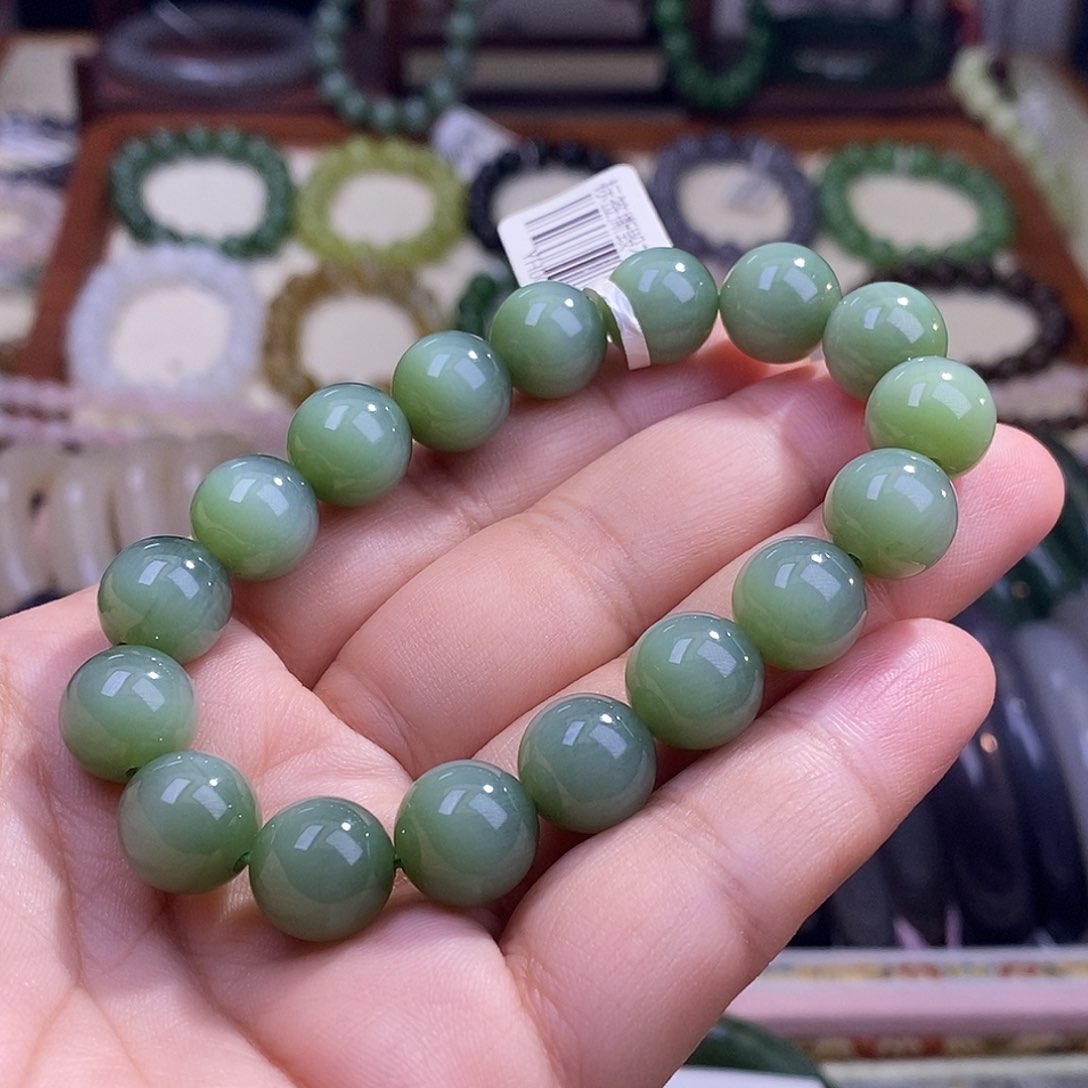 颈饰未镶嵌和田玉收藏级碧玉老料冰底猫眼粉青手串12m