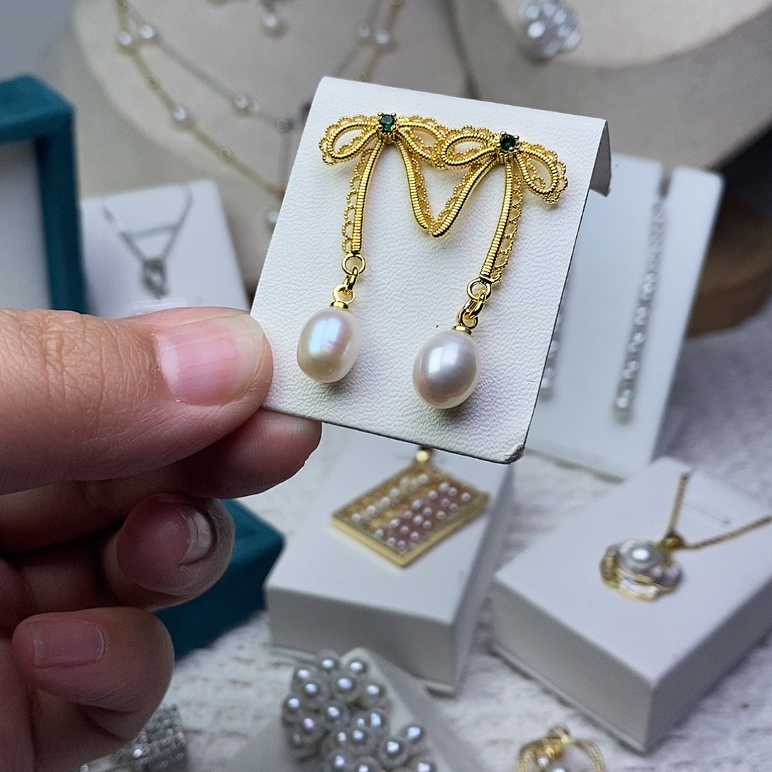 耳饰银S925镶嵌淡水珍珠