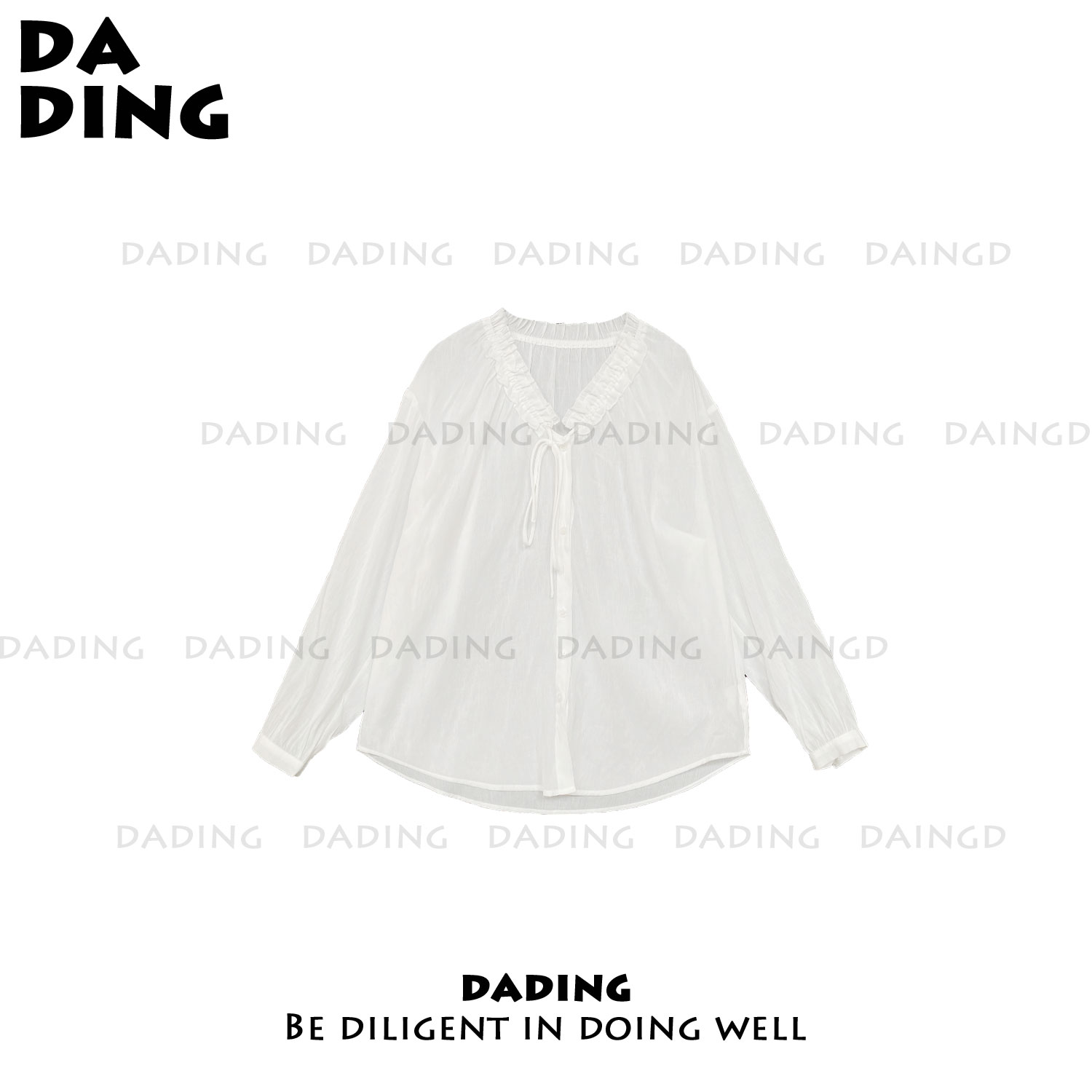 DADING 2025春装新款宽松休闲法式V领木耳边衬衫 井6395