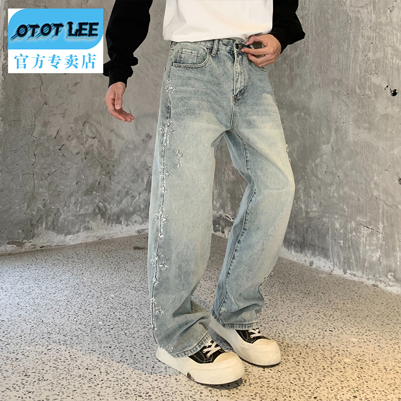 OTOT LEE男款双刀牛仔裤四季通用长裤宽松烫钻做旧裤高街直筒休闲
