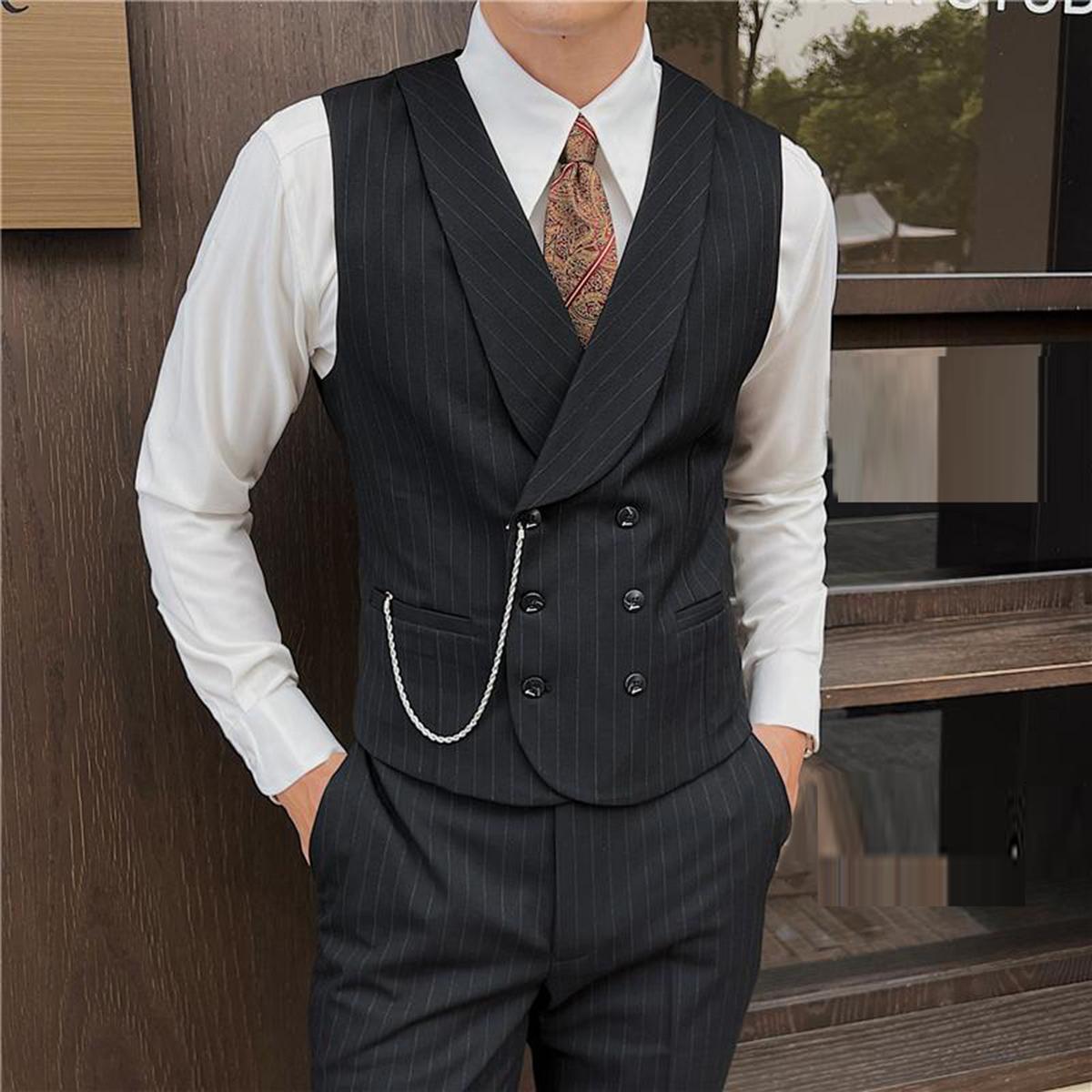高级感条纹西服马甲套装男英伦风双排扣帅气伴郎结婚礼服西装背心