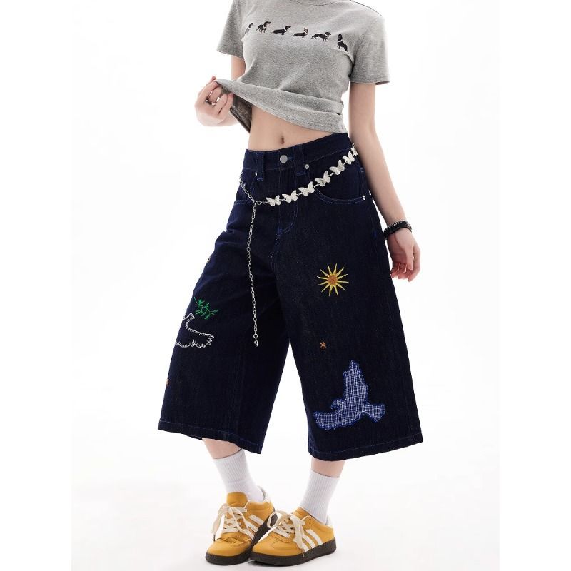 KULINGZHU趣味刺绣设计感牛仔裤七分裤男女美式宽松阔腿休闲中裤