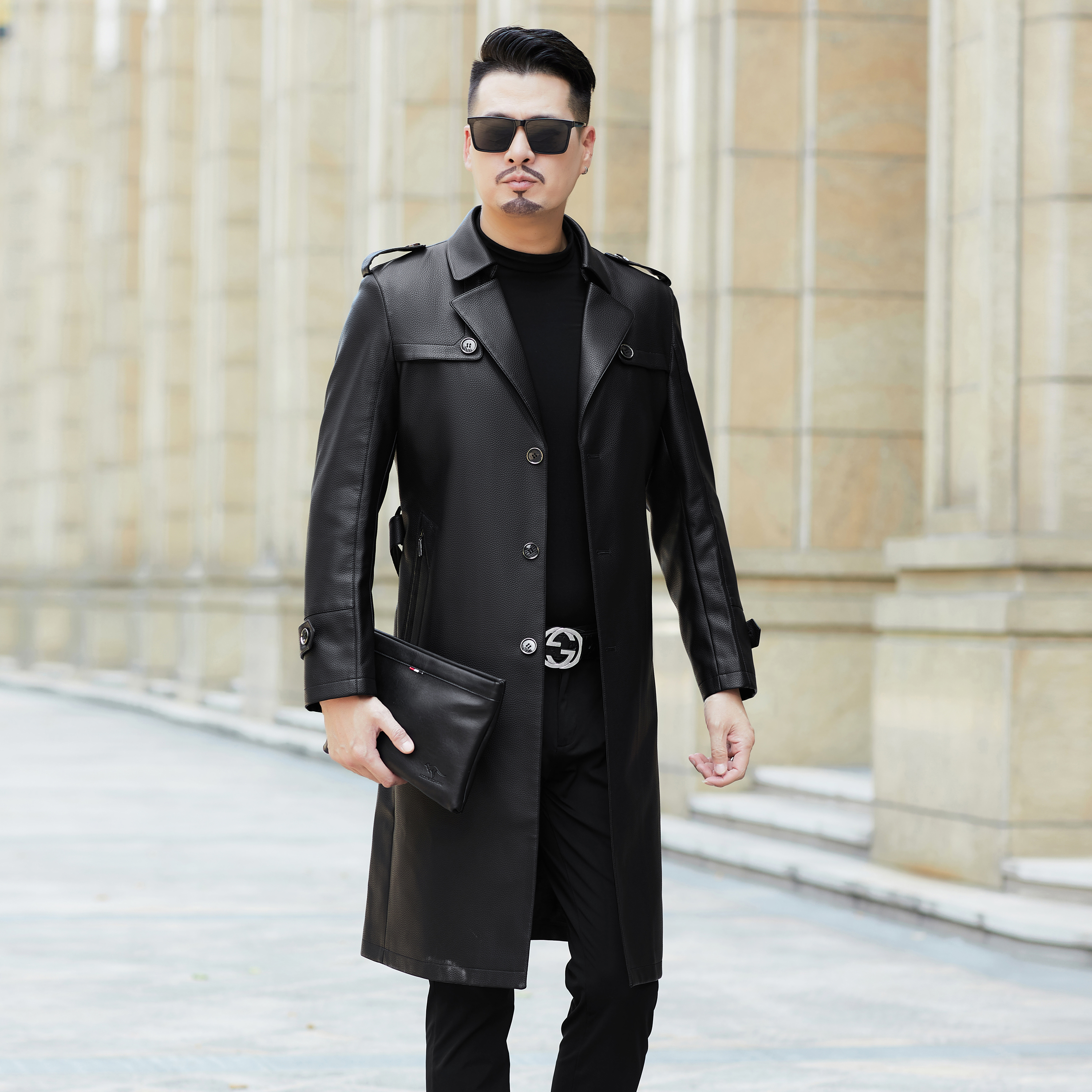 海宁皮衣男士商务休闲时尚帅气青年长款风衣款男装皮衣外套6777