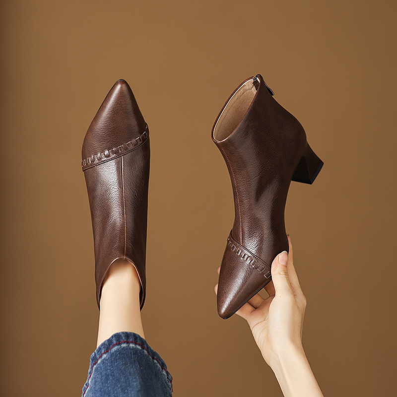 超软头层牛皮/5CM 粗跟尖头真皮短靴女 软底舒适百搭高跟单靴子