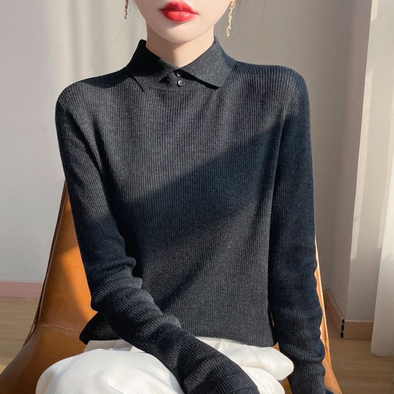 品牌撤柜正品法式翻领针织衫女2025秋季新款修身内搭羊毛衫上衣