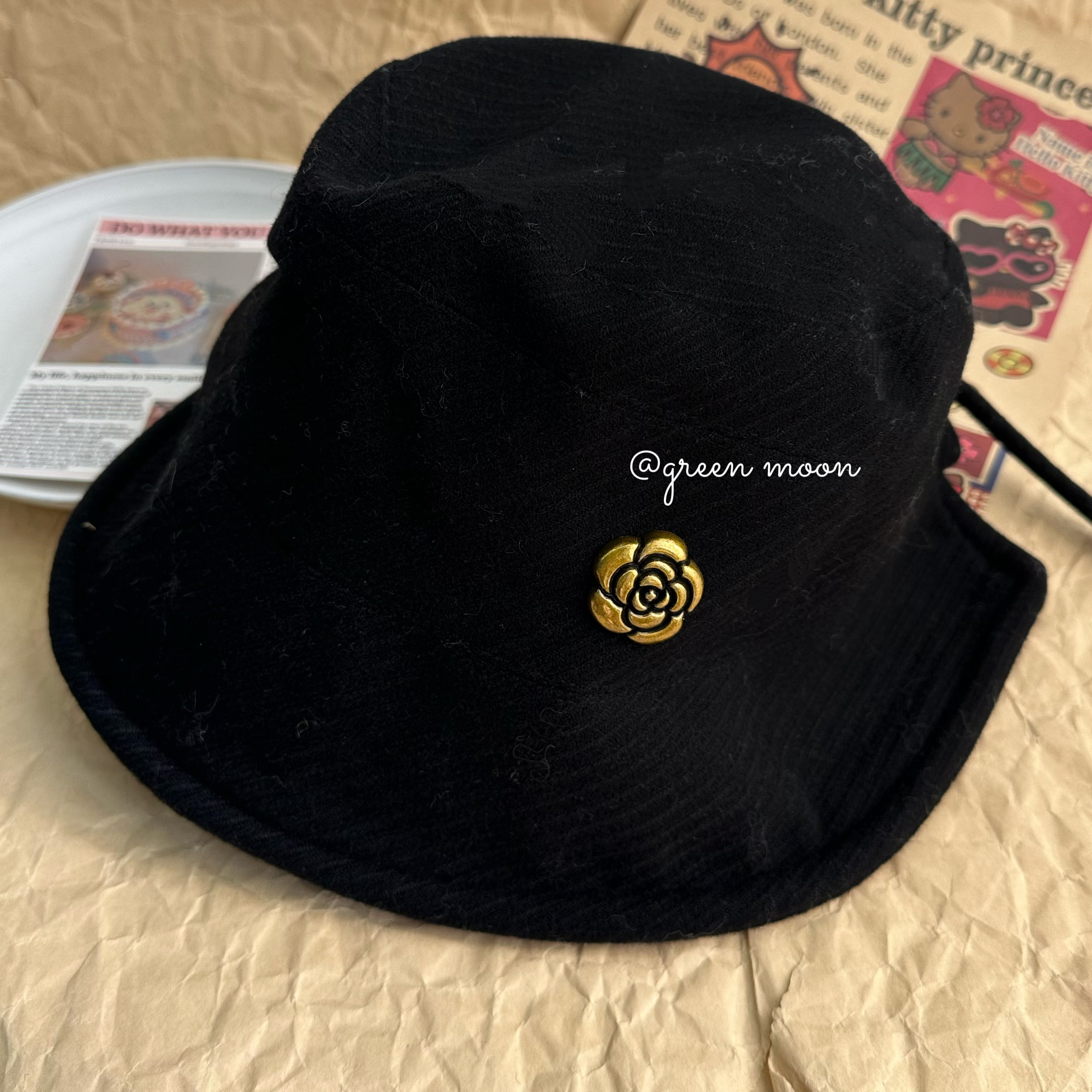 黑色韩版山茶花包头帽子女潮酷小香风F053