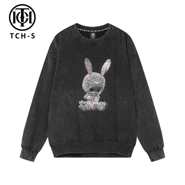 TCH私服冬款慵懒风烫钻时尚淑女灰色圆领衫S69A118003轻奢tch