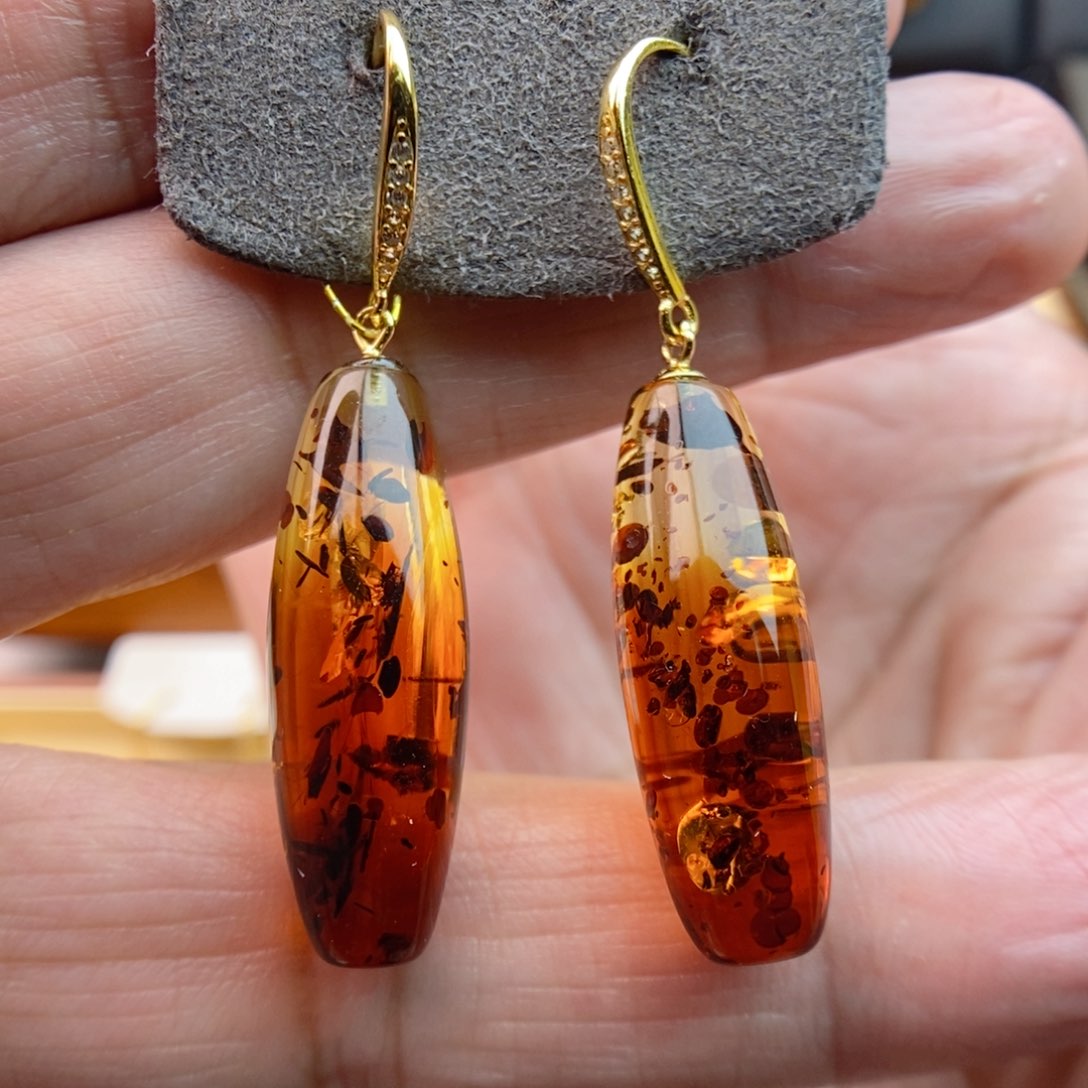 琥珀耳饰银S925镀金镶嵌