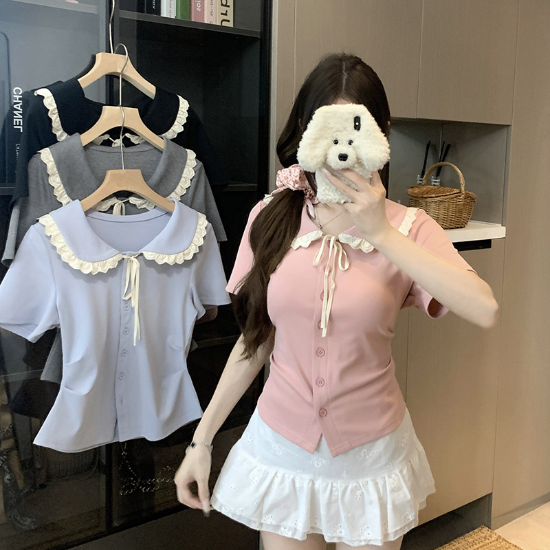 6622新款大码女装胖mm拼接花边娃娃领短袖T恤夏季甜美风显瘦上衣