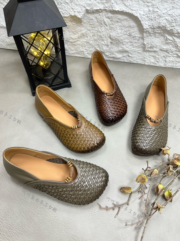 复古牛皮手工编织串珠软底女鞋