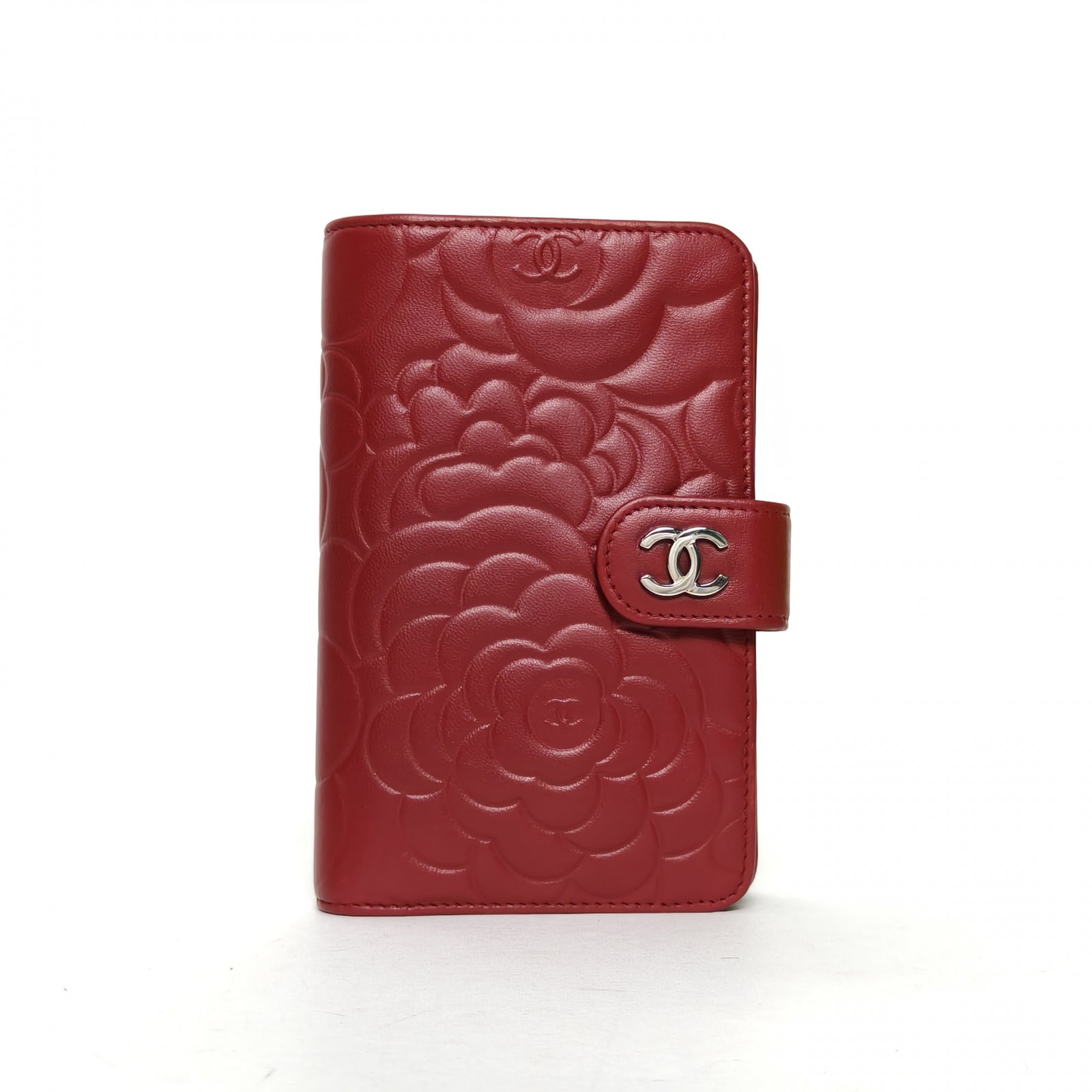 95新 Chanel/香奈儿 双攀-红色 皮革 17开 银扣 山茶花 压纹 钱包