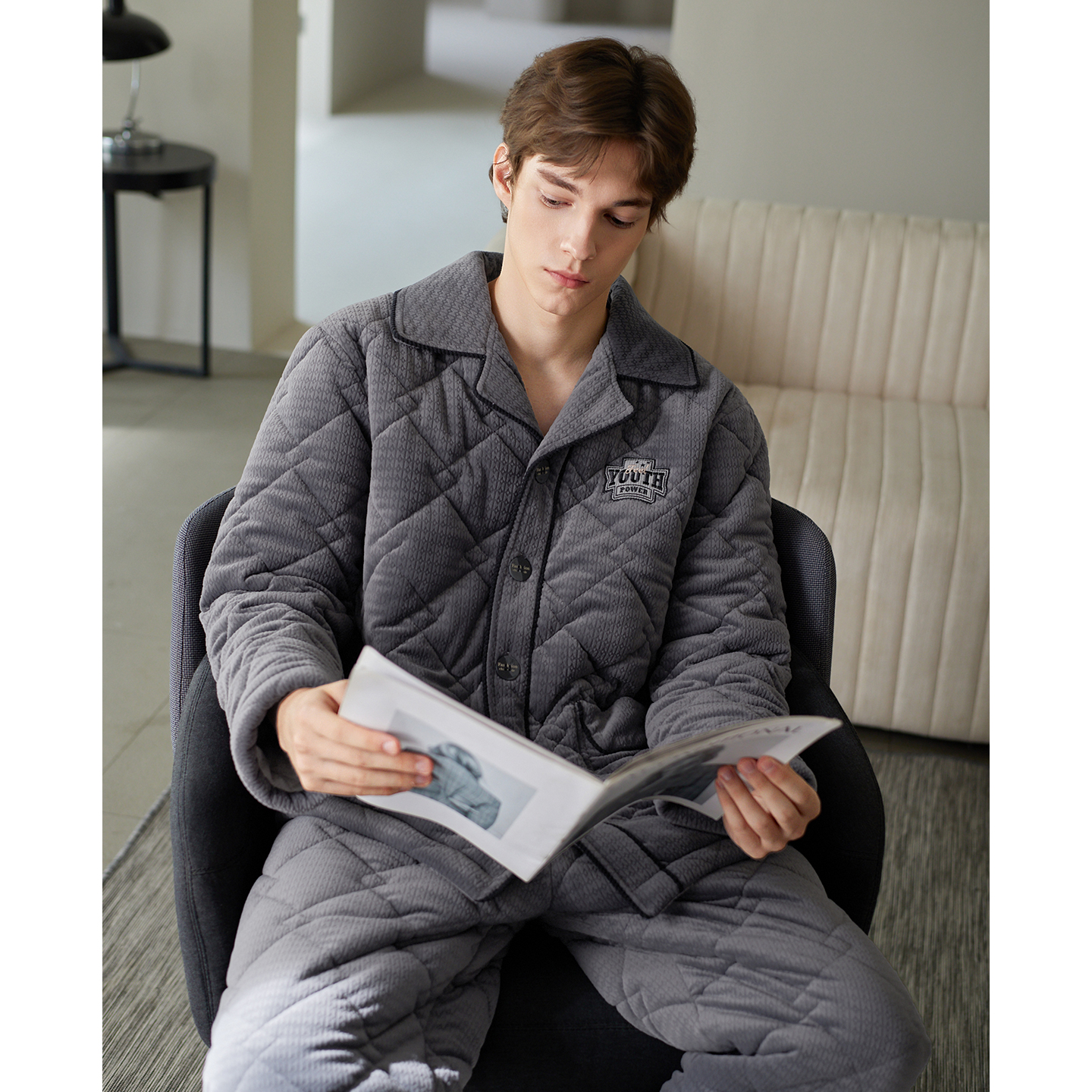 芬腾男士睡衣冬季珊瑚绒夹棉袄三层加厚套装男款抗静电加绒家居服