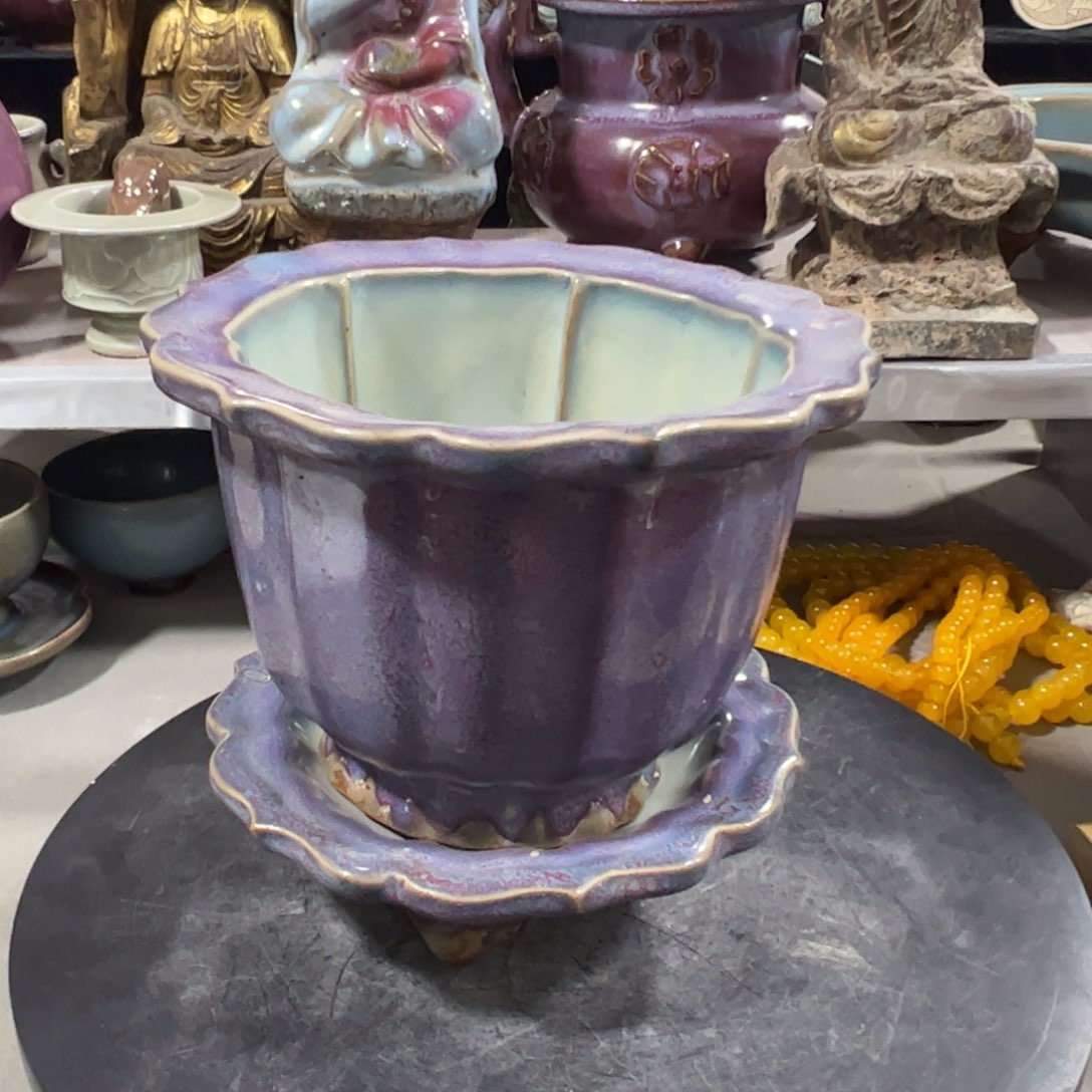 瓶钧窑 里蓝外紫花盆 不包邮