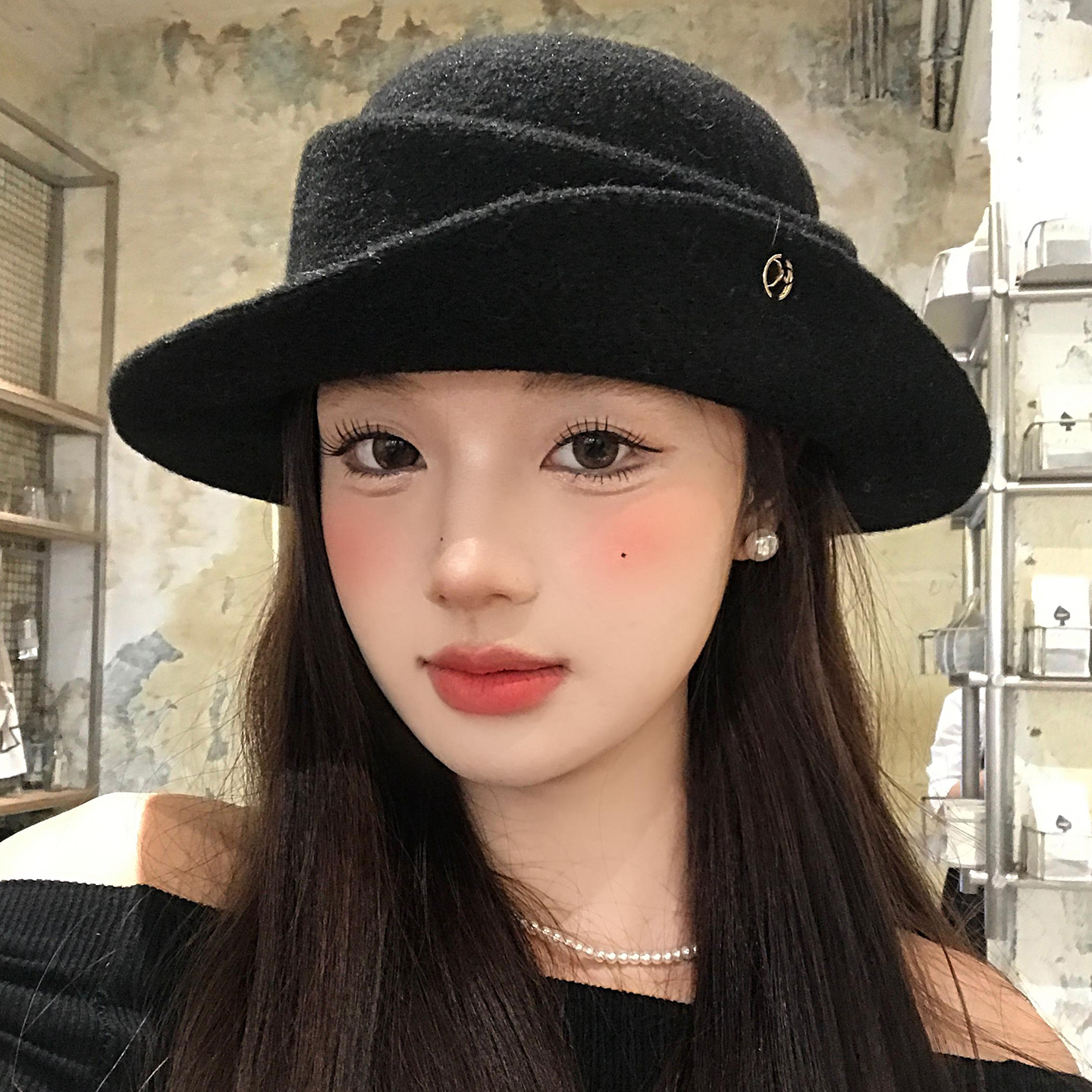 赫本风法式黑色优雅礼帽女秋冬显脸小卷边毛呢千金帽子复古渔夫帽