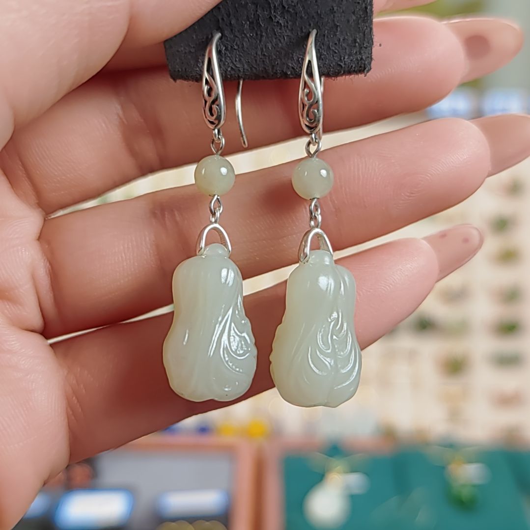 银S925镶嵌和田玉耳饰