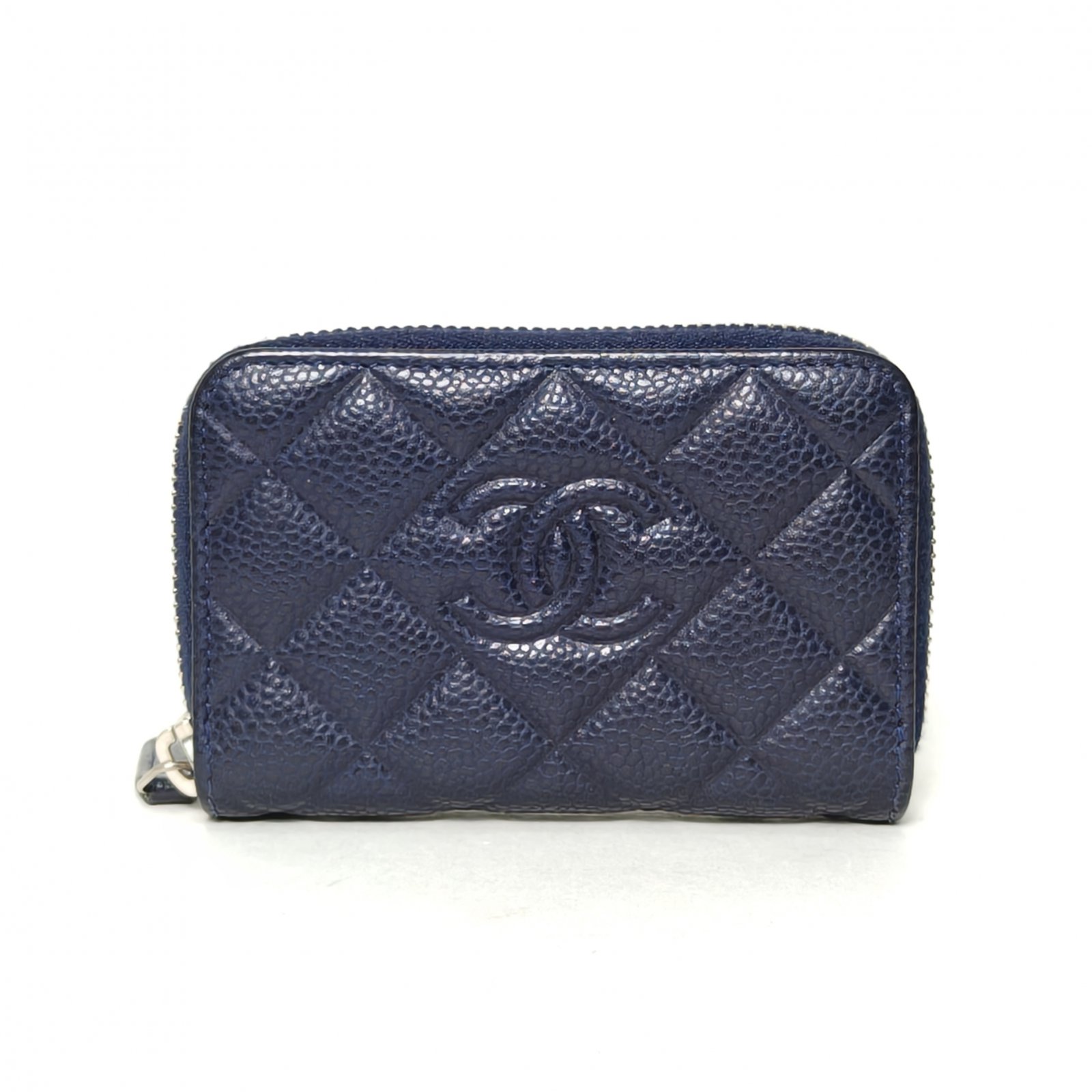 95新 Chanel/香奈儿 花花 蓝色 荔枝皮革C 22开 银扣 拉链 零钱包