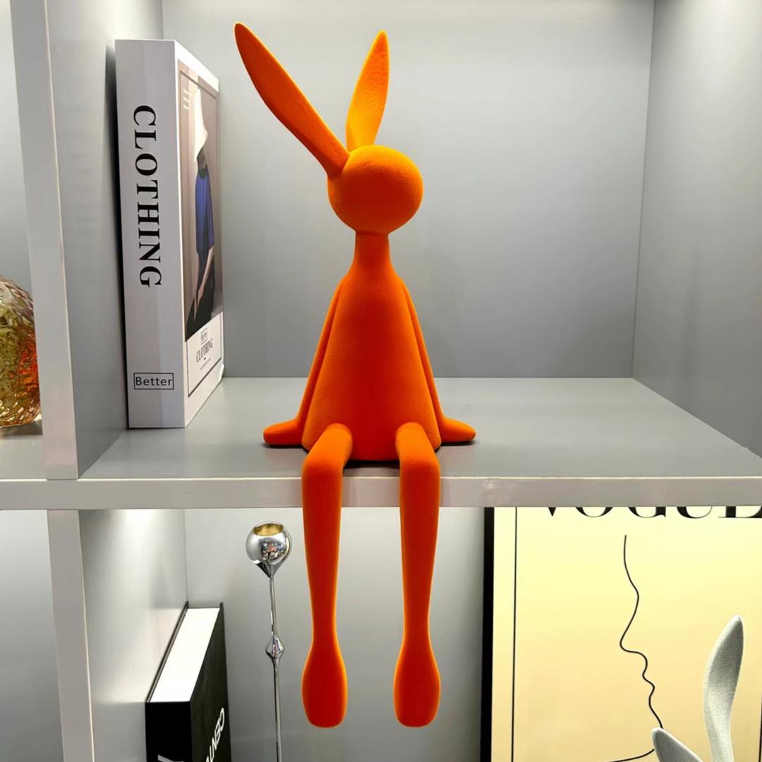 现代奶油风植绒兔子坐姿摆件客厅电视柜壁龛玄关酒柜样板间装饰p9