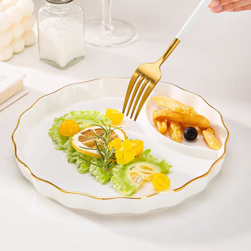 描金8.5英寸饺子盘分隔盘减脂餐盘骨瓷家用金边盘两格减肥餐菜盘