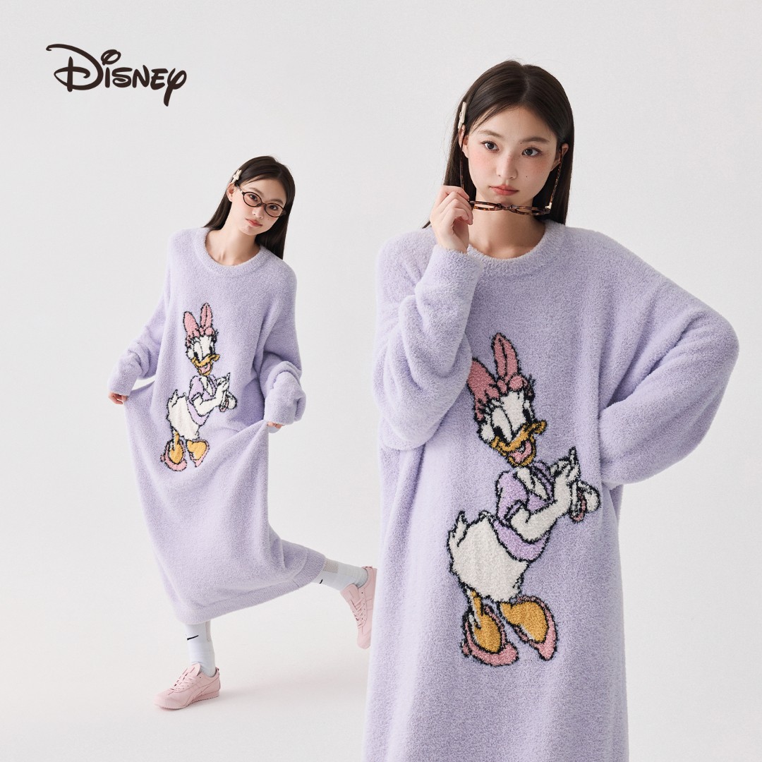 迪士尼黛丝半边绒可外穿加厚保暖睡裙睡袍睡衣家居服女秋冬