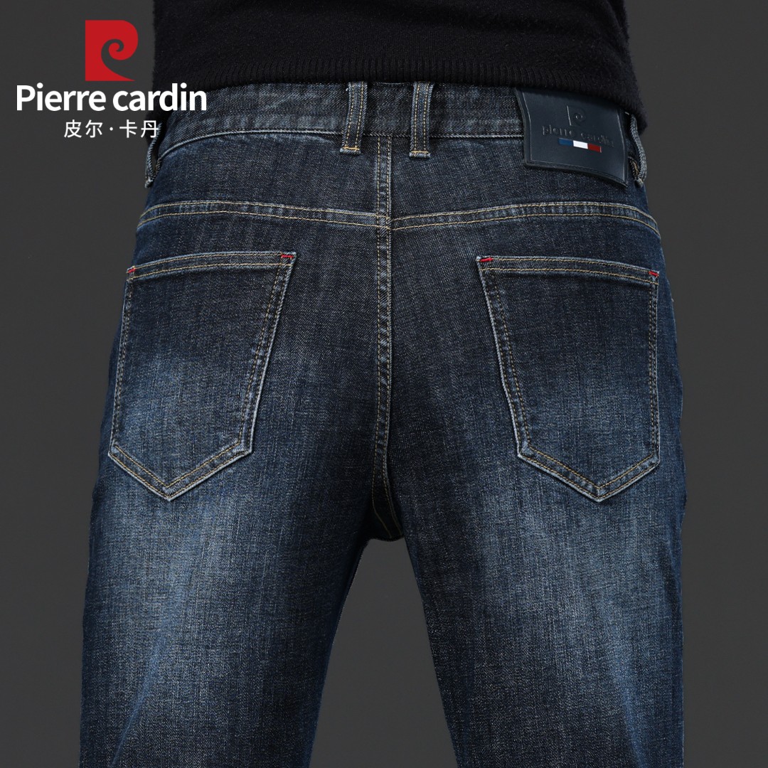 【冬季厚款】皮尔卡丹休闲商务保暖直筒宽松中高腰弹力牛仔裤男557