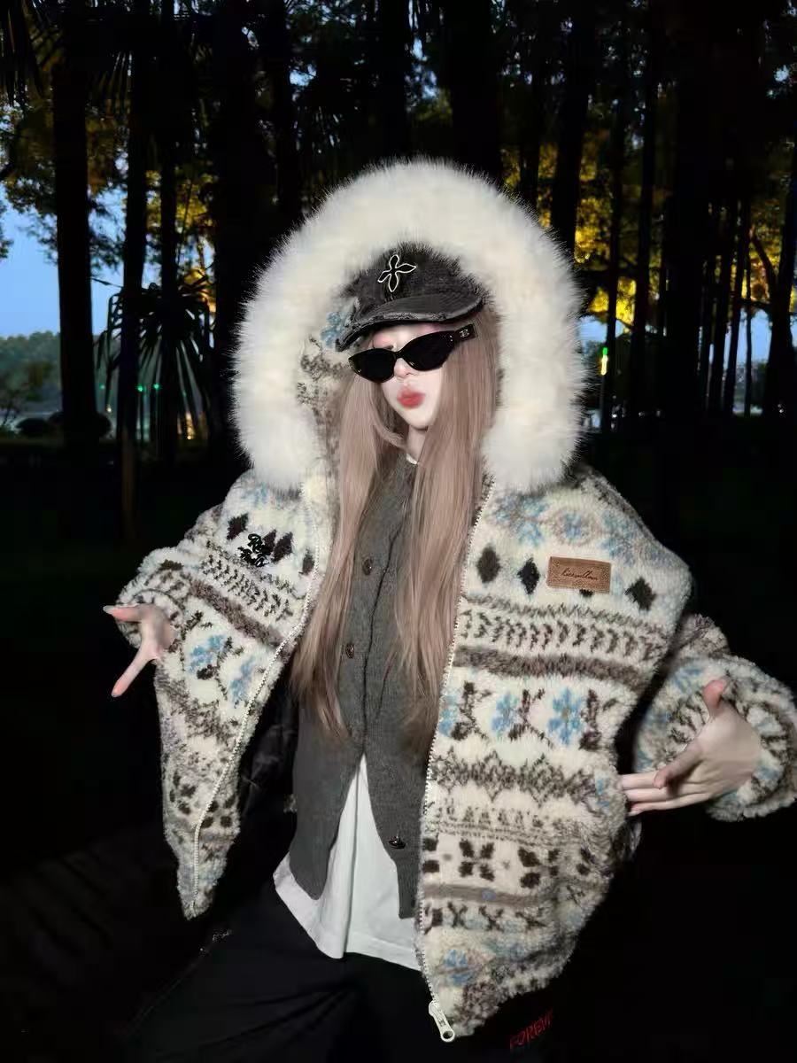 费尔岛连帽复古提花网红加绒加厚保暖外套2025新款外套