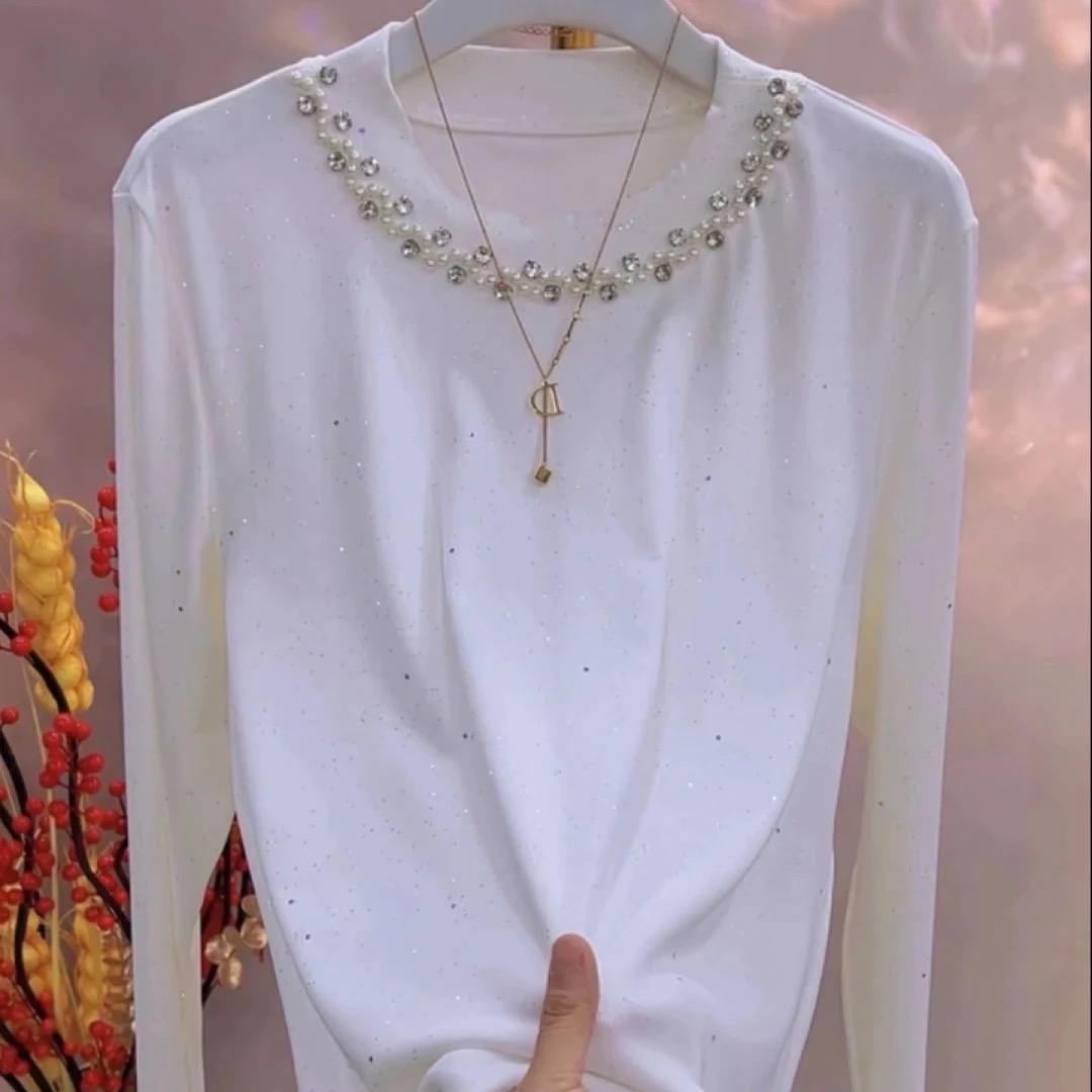 3259款加绒圆领宽松显瘦遮肉T恤气质长袖重工时尚百搭