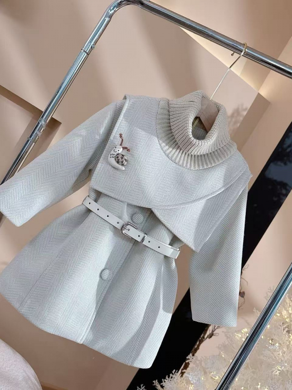 女童加绒呢大衣冬季2025新款洋气儿童中长款呢子外套斗篷两件套潮