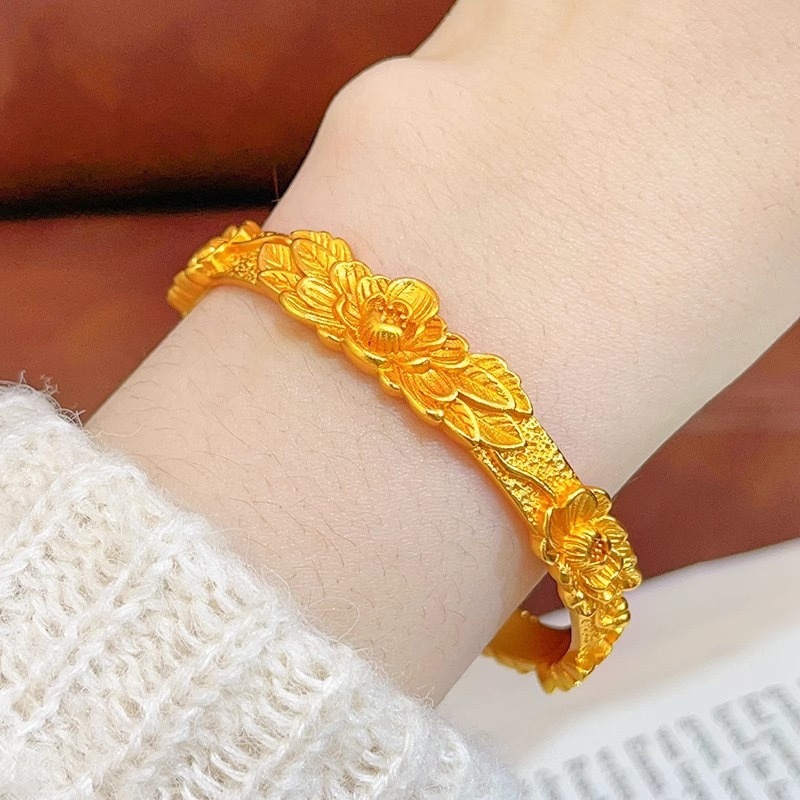 饰品新中式古法錾刻双喜牡丹花手镯女仿真金久不掉色手饰