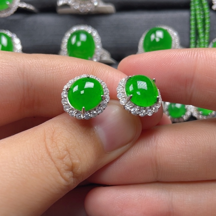 翡翠耳饰银S925镶嵌耳钉