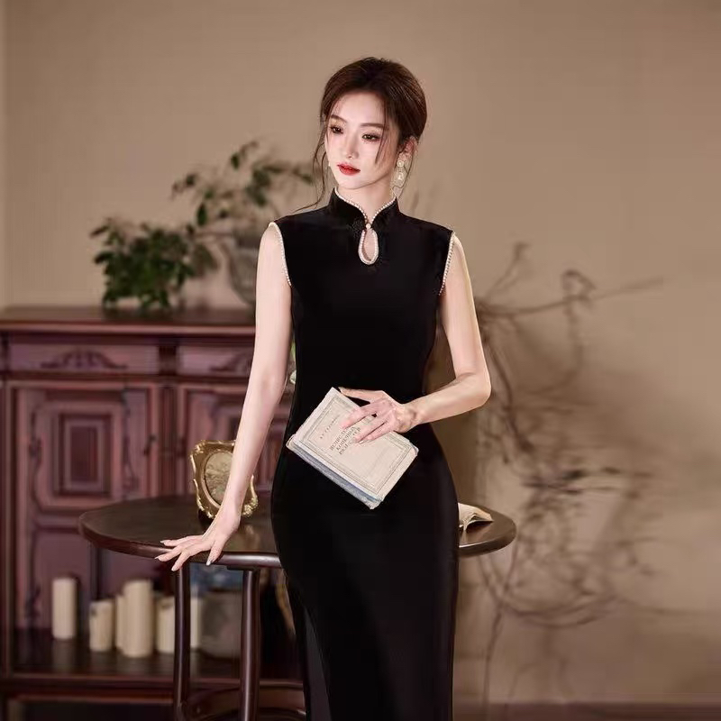 星蓓｜如愿年轻少女款单层黑色丝绒时尚无袖中式旗袍修身显瘦日常