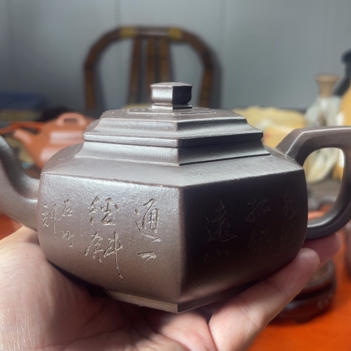 茶壶紫砂六方雪华，紫泥