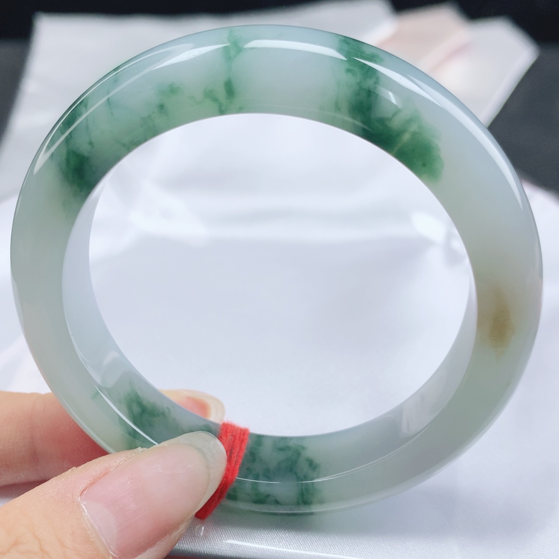 翡翠未镶嵌手镯缅甸54.4冰胶润飘蓝花正圈