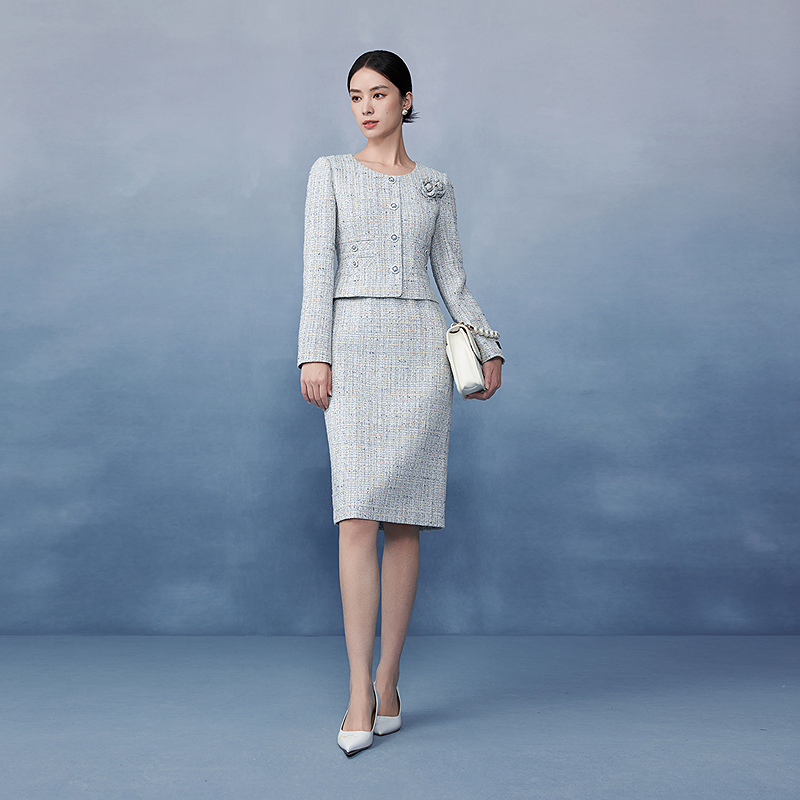 山茶花轻薄花呢优雅连衣裙2025年早春优雅层次感-MJGA01WOP312U01