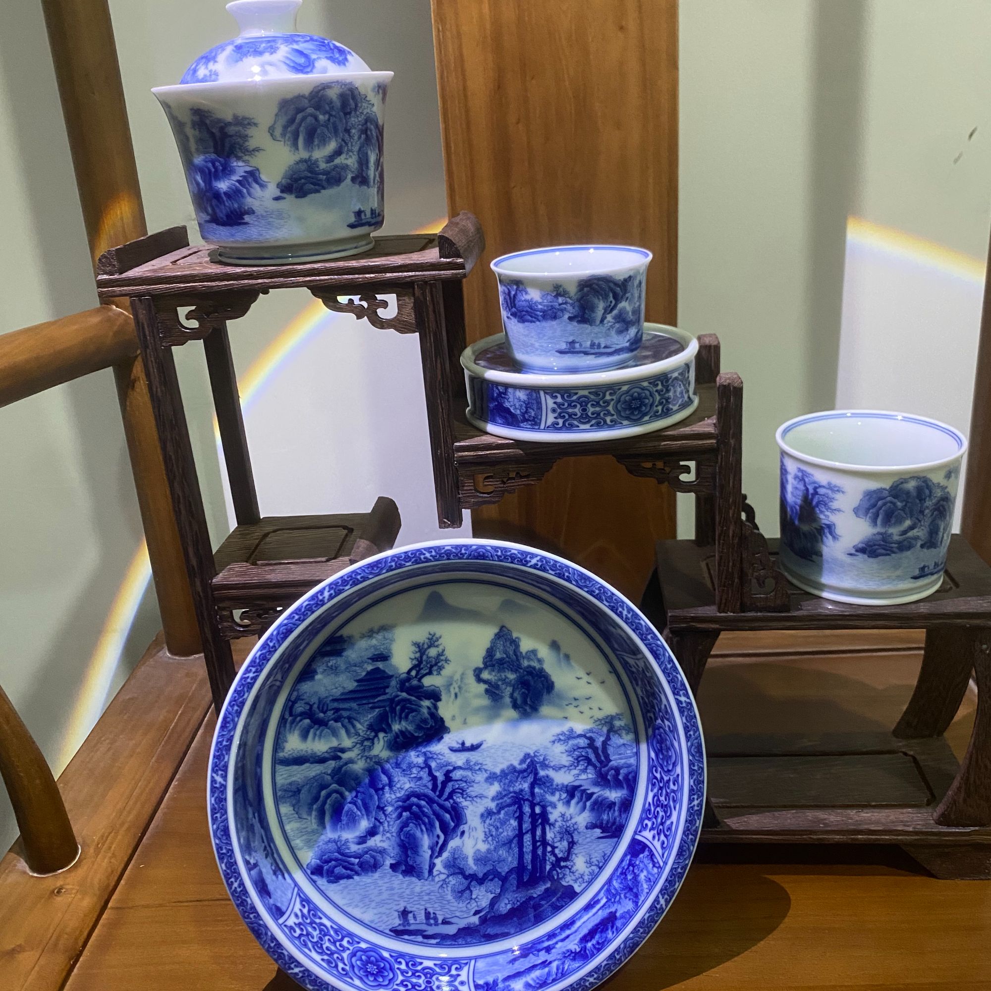 景德镇高温釉下青花满工满绘山水春山图5件套装陶瓷茶具