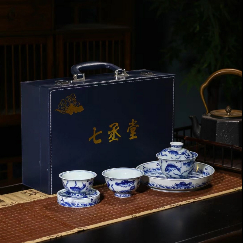 七丞堂 青花釉下淡海水鱼澡纹五件套礼盒装