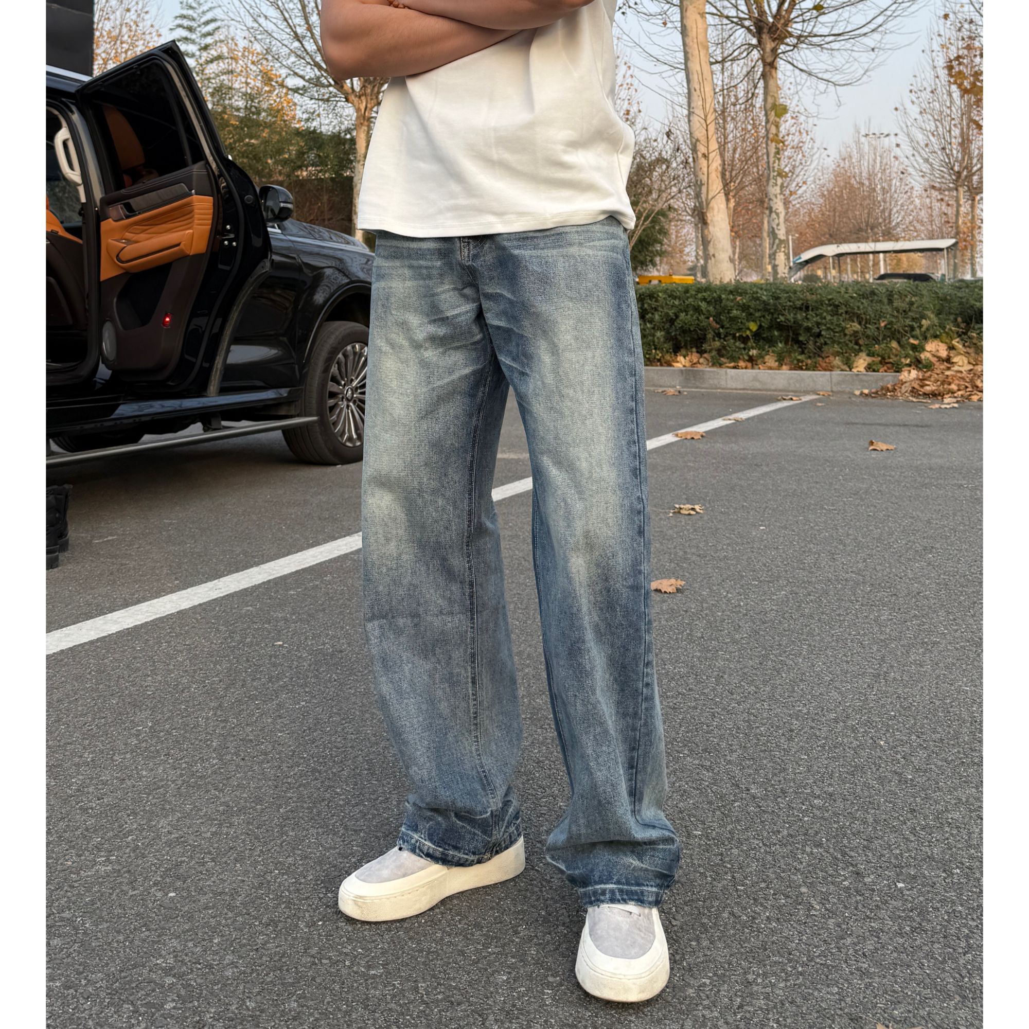 LINYU美式复古猫须纹cleanfit立体蓝牛水洗蜂窝直筒牛仔裤男长裤