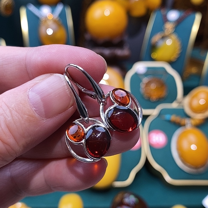 琥珀（花珀）耳饰银S925镶嵌