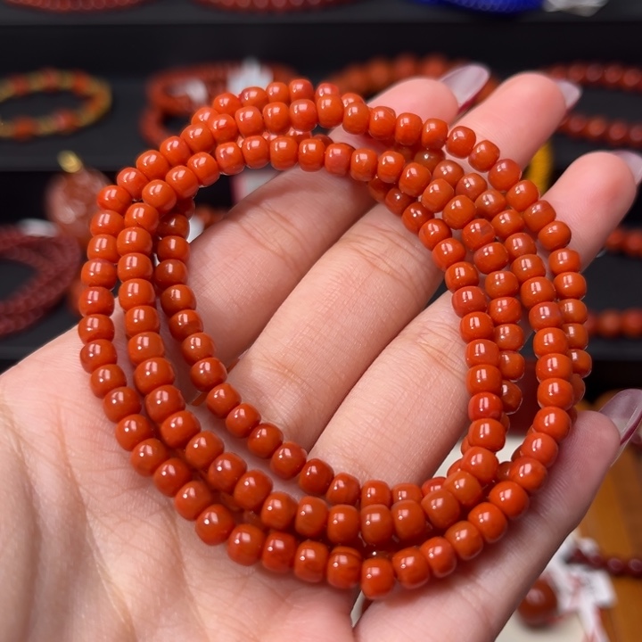 牧***童南红玛瑙未镶嵌手链柿子红多圈4.5+mm老型