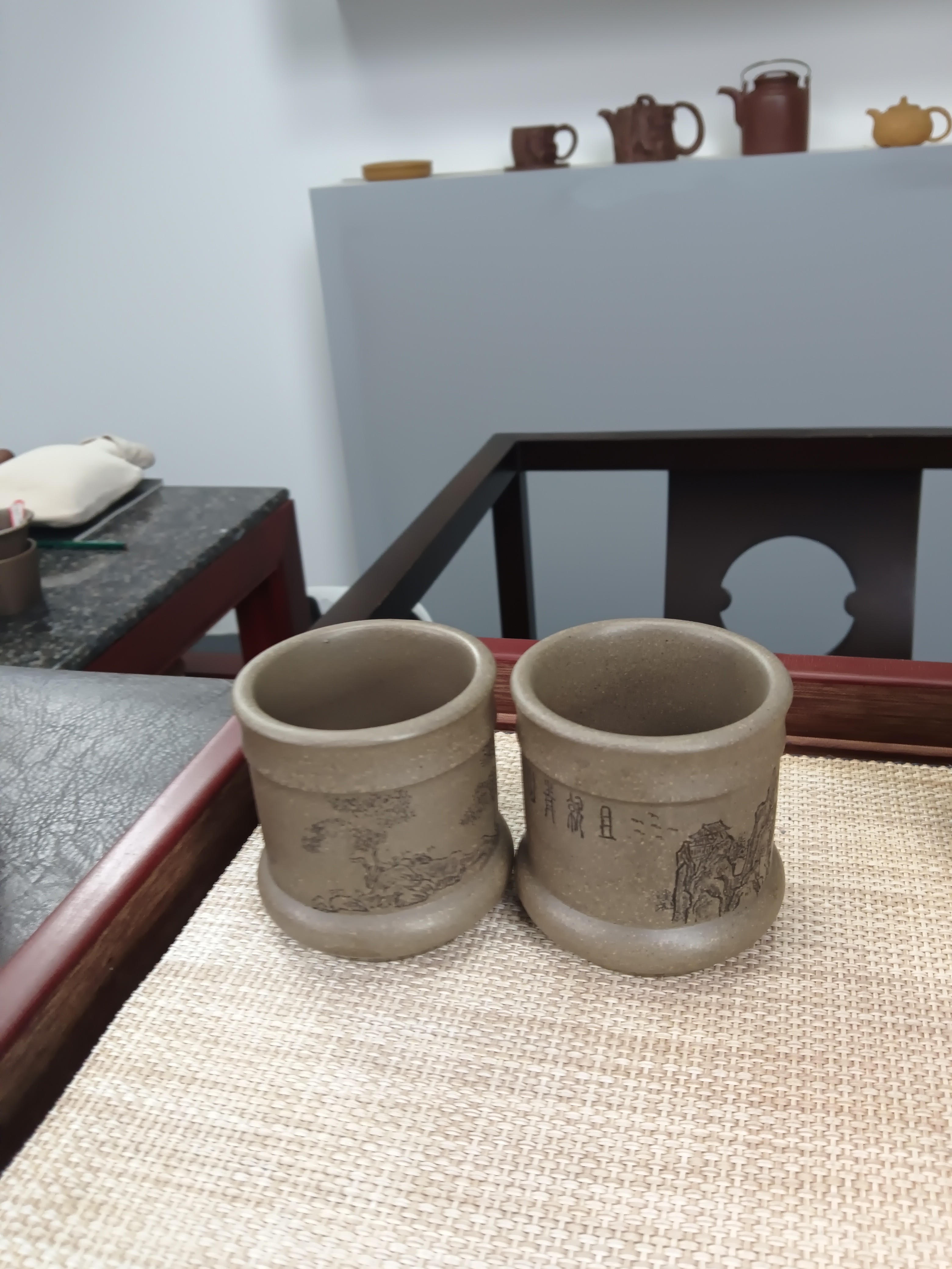 一山一水对杯 蟹壳青原矿紫砂
